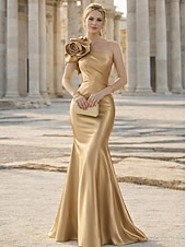 economico Abiti da Sera Sirena-Sirena Tromba Lunghezza al pavimento Abito da Sera Elegante Senza Maniche Monospalla Matrimonio Formale Raso Elasticizzato con Fiori 3D
