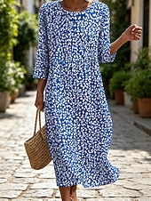 economico Abiti floreali-Per donna Abito Midi Vestito Estivo Abito Estivo Vacanza Casual Boho Spiaggia Ferie Vestibilità regolare Floreale Grafico Manica 3/4 Girocollo Blu Rosa Rosso Verde Estate Primavera