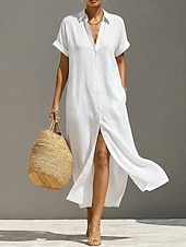  Women's Midi Dress Cotton Linen Dresses Shift Dress Basic Daily Loose Fit Plain Long Sleeve Shirt Collar Summer Spring Fall