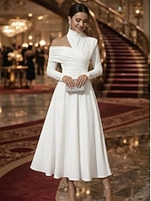 economico Abiti da cocktail-Linea ad A Lunghezza alla caviglia Lunghezza Tè Abiti da Cocktail Elegante Abito da sera stile impero Manica Lunga Collo Alto Festa serale Matrimonio Raso Elasticizzato con Pieghe Tinta unita
