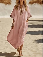 abordables Robe Simple-Femmes Robe maxi Robe Décontractée Robe d'été Basique Classique Quotidien Vacances Coupe Ample Uni Demi Manches Col en V Kaki Jaune Rose Claire Châtaigne Foncé Été Printemps