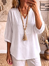  Femmes Chemise Chemise Bohème Chemise en Dentelle Fleuri Élégant Bohème Vacances Col en V Hauts Longs Occasionnel Quotidien Fête Kaki Noir Blanche Vert Été Printemps