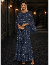 billiga Knöchellänge-A-Line Dress Floor Length Ankle Length Cocktail Dress Mother of the Bride Dress Long Sleeve Scoop Neck Elegant Luxurious Sparkle &amp; Shine Formal Wedding Guest Semi Formal Lace with Beading Sequin