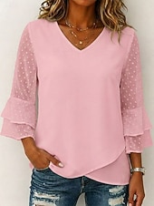billiga Enkel t-shirt-Dam T-shirt T-tröja Elegant 3/4 ärm Volangärm V-hals Vanliga toppar Ledigt Standkläder Blå Svart Vit Rodnande Rosa Grön Sommar Vår