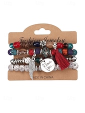 preiswerte Urlaubszubehör-Mehrlagiges Perlenarmband-Set im Boho-Stil für Damen – farbenfrohe Armbänder mit Quaste und Flügelanhänger für Freizeit und Strand.