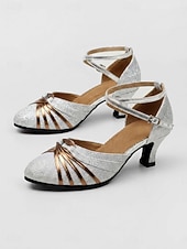 baratos Sapatos Para Dança de Salão &amp; Dança Moderna-Sapatos de dança de salão femininos, salto alto em cetim para salsa com tira cruzada no tornozelo, salto bloco de 5,5 cm (2,16") para tango, dança latina e apresentações de palco.