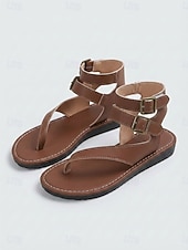 cheap Women-Women's Retro Leather Strappy Sandals - Casual Thong Flat Gladiators with Adjustable Ankle Buckle Straps for Island Vacation, Beach &amp; Cruise