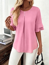 economico Bluse Semplici-Per donna Camicia Blusa Tinta unica Elegante Vacanza Manica Corta Manicotto a foglia di loto Girocollo Top Regolari Casuale Quotidiano Blu chiaro Rosso-arancio Verde chiaro Rosa Viola chiaro Estate
