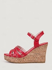 cheap Wedge Sandals-Women's Vibrant Red Wedge Sandals - Retro Cross-Strap Platform Shoes with Cork Texture Sole &amp; Adjustable Buckle for Outdoor Vacations, Tropical Cruises &amp; Summer Parties