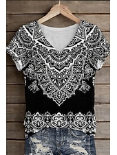 cheap Boho tee-Women's T Shirt Print Floral Graphic Plants Vintage Stylish Classic Short Sleeve V Neck Regular Tops Daily Weekend Blue Brown Gray Summer Spring Fall Winter
