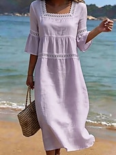 cheap Plain Dress-Women's Midi Dress Shift Dress Casual Beach Holiday Loose Fit Plain 3/4 Length Sleeve V Neck Blue Wedgewood White Yellow Summer Spring