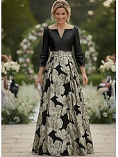 cheap Floor Length-A-Line Floor Length Formal Dresses Evening Gown Mother of the Bride Dress 3/4 Length Sleeve V Neck Square Neck Elegant Simple Formal Wedding Guest Semi Formal Metallic Fabric Jacquard with Pleats