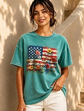 Dia da Independência Americana Mulheres 100% Algodão Camiseta Blusas lavadas estilo vintage Imprimir Gráfico Bandeira americana Vintage Moda à moda Manga Curta Gola Redonda Tops regulares Casual