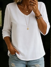  Mujer Camiseta Color sólido Elegante Clásico Manga 3/4 Escote en Pico Tops largos Casual Azul Piscina Negro Blanco Verde Claro Rosa Verano Primavera