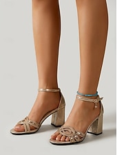 baratos Sandálias de salto-Women's Metallic Champagne Gold Braided Block Heel Sandals with Rhinestone Charm - Shimmering Footwear for Cocktail Parties