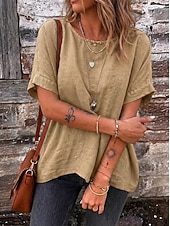 cheap Plain tee-Women's Tee Top Solid Color Vintage Stylish Casual Short Sleeve Boat Neck Regular Tops Daily Going out Vacation Wear Khaki Navy Blue Olive Mint Green Dark Green Summer Spring