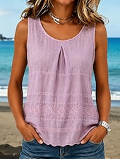 economico Serbatoio Semplice-Per donna Gilet in cotone e lino Arricciato Ricamato Tinta unica Elegante Senza Maniche Senza maniche Scollo Tondo Top Regolari Bianco Rosa Viola Kaki Estate Primavera