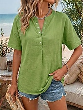 baratos Blusas Simples-Women's Shirt Casual Shirt Vacation Vintage Fashion Short Sleeve V Neck Crop Tops Casual Khaki Black White Yellow Pink Summer Spring