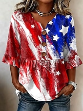  día de la independencia americana Mujer Blusa Retazos Botones Estampado Graphic Bandera estadounidense Vintage Elegante Media Manga Escote en Pico Tops regulares Casual Diario Festivos Azul Piscina
