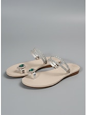 cheap Slide Sandals-Women's Rhinestone Embellished Thong Sandals with Blue Gemstone Detail – Elegant Sandals for Summer, Beach, and Formal Occasions