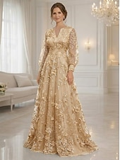 economico Lunghezza del pavimento-Linea ad A Abito Lunghezza al pavimento Vestito maxi Vestito da Festa Abito da Cocktail Abito da cerimonia per signora Manica Lunga Scollo a V Elegante Vintage Lussuoso Formale Ospite di nozze