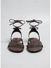 abordables Sandalias deslizantes-Sandalias planas marrones con cordones para mujer, cómodas sandalias de cuero con tiras que se atan al tobillo, ideales para cruceros y fiestas en yates. &amp;Escapadas de lujo al Mediterráneo en verano