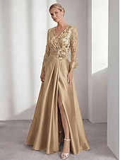 economico Abiti da Sera a Linea A-Linea ad A Lunghezza al pavimento Abito da Sera Abito formale Elegante Matrimonio informale / diurno Manica Lunga Scollo a V Matrimonio Formale Raso con Fiori 3D Pieghe Spacco