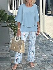 billige Women's Blouse Suits-Women's Two Piece Sets Pants Sets Half Sleeve Butterfly Sleeve Round Neck Floral Graphic Ruffle Print Elegant Vacation Casual Daily Beach Blue Pink Purple Spring &amp; Summer Loose Fit