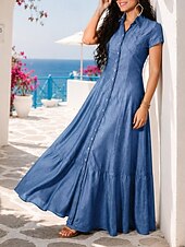 cheap Plain Dress-Women's Maxi Dress Sundress Vintage Vacation Regular Fit Pure Color Short Sleeve Shirt Collar Blue Light Blue Black Spring