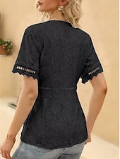  Mulheres Blusa Textura Elegant Elegante Boêmia Vintage Manga Curta Decote V Tops curtos Casual Diário Para Noite Damasco rosa Preto Branco Rosa Roxo Verão Primavera