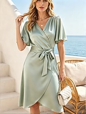  Mujer Vestido hasta la Rodilla Vestido de verano Vestido informal Vestido de una línea Vacaciones Casual Boho Playa Fiesta Cita Ajuste regular Plano Manga Corta Escote en Pico Verde Trébol Verano