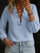  Mujer Camisa Color sólido Plano Elegante Bohemia Vacaciones Manga Larga Escote en Pico Tops regulares Casual Azul Piscina Blanco Rosa Caqui Verano Primavera