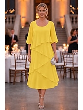 economico Lunghezza del tè-abito a tubino a colonna lunghezza tè abito da festa abito da cocktail abito da invitata a nozze abito da madre della sposa mezza manica scollo a U elegante formale chiffon con volant
