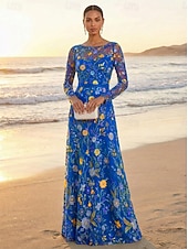 voordelige Vloerlengte-A-lijn Jurken Tot de grond Feestjurk Cocktail jurk Moeder van de bruid jurk Lange mouw Strakke ronde hals Elegant Vintage Luxueus Formeel Bruiloft gast Kentucky Derby Chiffon Tule met Borduurwerk
