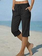 billige Bunner-Dame Shorts i bomullslin Capri-bukser kinesisk Shorts Ferie Grunnleggende Fritid Capris Medium Midje عادي Lomme Elastisk midje Komfort Pustende Uelastisk Daglig utendørs Feriereise Svart Hvit