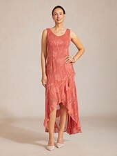  Damen Maxikleid Chiffonkleid Elegant Blumen Ärmellos U-Ausschnitt Koralle Rot