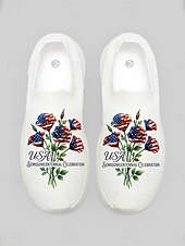  Γυναικεία λευκά slip-on αθλητικά παπούτσια με πατριωτικό μπουκέτο – αναπνεύσιμα πλεκτά παπούτσια πεζοπορίας με φλοράλ print για την ημέρα ανεξαρτησίας, την παρέλαση, τα καλοκαιρινά φεστιβάλ &casual