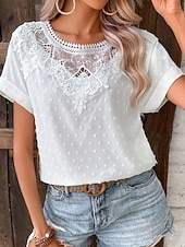  Mujer Camisa camisa boho Camisa de encaje Encaje Elegante Bohemia Vacaciones Manga Corta Tops largos Casual Blanco Verano Primavera