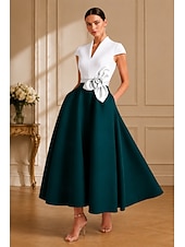 preiswerte Cocktailkleider-A-Linie Tee-Länge Cocktailkleider Partykleider Elegant Farbblock seidig Kurzarm V Ausschnitt Hochzeit Formell Tasche Satin mit Tasche