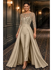 economico Tute della mamma-Tuta Completo Pantalone Lunghezza alla caviglia Abito da cerimonia per signora Manica 3/4 Scollo a Barca Elegante Formale Ospite di nozze Semi-Formale Pizzo Crepe Elasticizzato con Perline Paillettes