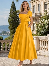 cheap Cocktail Dresses-A-Line Ankle Length Cocktail Dresses Party Dresses Elegant Silky Short Sleeve One Shoulder Wedding Formal Pink Dress Satin with Bow(s)