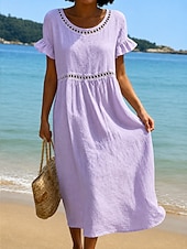abordables Vestido blanco-Mujer Vestido Midi Vestido de cambio Casual Playa Festivos Ajuste regular Plano Manga Corta Escote en Pico Azul Piscina Blanco Rosa Morado Verano Primavera