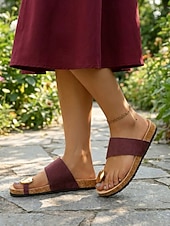 voordelige Slide Sandalen-Damessandalen met bordeauxrode metalen teenring – comfortabele slippers met voorgevormd voetbed voor platte voeten, ideaal voor op reis. &amp;zomerse vrijetijdskleding