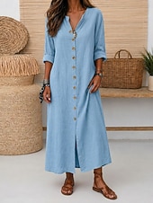 voordelige Jurken-Dames Maxi-jurk Linnen jurken Vintage Dagelijks Ruim Passend Heldere kleur Lange mouw V-hals Rood Zomer