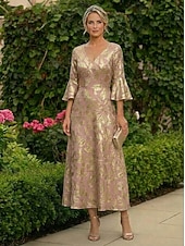 cheap Ankle Length-A-Line Ankle Length Tea Length Cocktail Dress Wedding Guest Dress Mother of the Bride Dress 3/4 Length Sleeve V Neck Elegant Formal Semi Formal Jersey with Floral Print Pleats