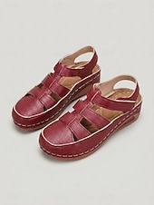 baratos Sandálias Planas-Sandálias femininas vermelhas escuras de bico fechado - calçado casual confortável com design vazado em tecido, sandálias de verão respiráveis com fecho de velcro para uso diário e viagens. &amp; andando