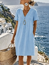  Vestido feminino de algodão e linho, comprimento até o joelho, modelo reto, ideal para o verão, casual e solto, com manga curta, decote em V, nas cores azul, amarelo e verde. Perfeito para a primavera e o verão.