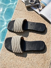 cheap Women-Women's Black Pearl Decorated Slide Sandals - Chic Flat Beach Slippers with Faux Pearl Straps for Island Vacations, Summer Resorts &amp; Elegant Poolside Lounging