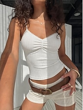 economico Serbatoio Semplice-Per donna Canotta A coste Tinta unica Elegante Caldo Spiaggia Senza Maniche Canotta Top corti Casuale Abbigliamento da vacanza Nero+Bianco+Grigio Estate
