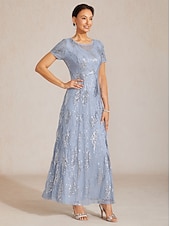 voordelige Vestidos de Festa-Women's Maxi Dress Sheath Dress Elegant Evening Party Party Cocktail Party Sequins Solid Color Floral Short Sleeve Crew Neck Sky gray